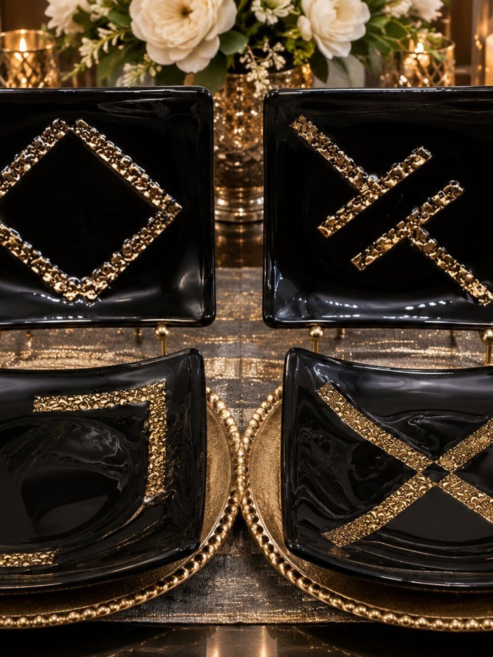 Square Black Fused Glass Plates with Metallic Gold Dichroic Glass Accents MCM 6"